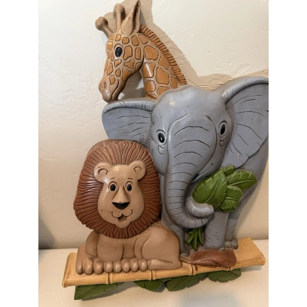 Home Interiors Safari Elephant Lion Giraffe Wall Hanging Plaque Hard Plastic USA